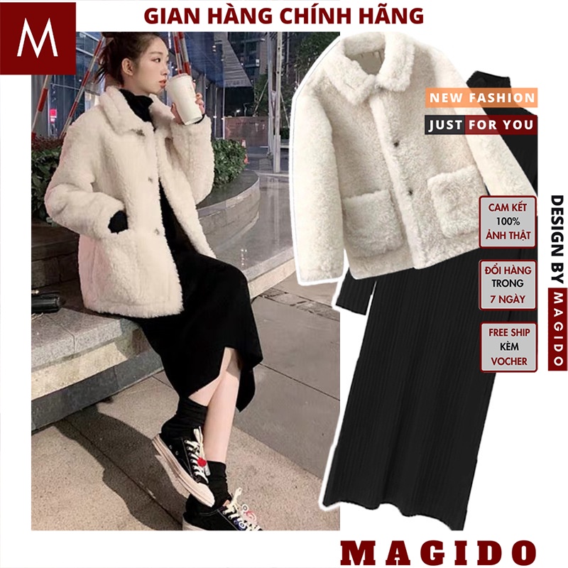 Set áo khoác lông cừu cổ bẻ kèm váy body tăm len mặc trong, váy đen cổ lọ mix áo lông trắng túi hộp - MAGIDO