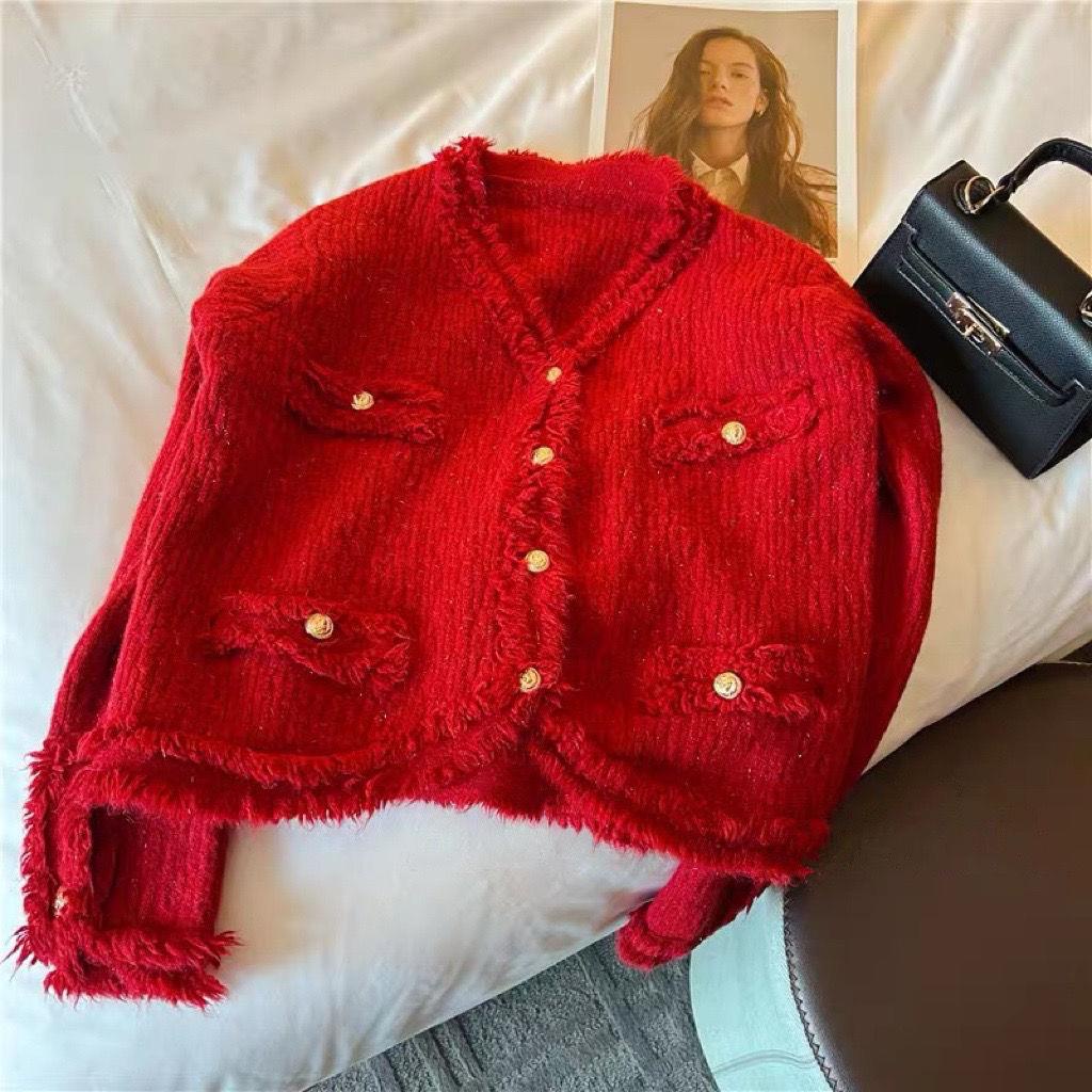Áo Khoác Cardigan Dệt Kim Dáng Ngắn Phối Tua Rua Thời Trang Mùa Xuân 2022 Mới