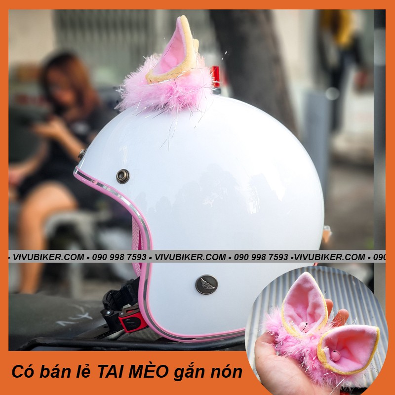 Mũ bảo hiểm 3/4 tai mèo FungFing trắng lót hồng - Nón bảo hiểm màu trắng hồng kèm tai thỏ Fung Fing
