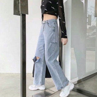 Quần Ống Rộng Rách Sườn Gối T, Không Giãn, Lưng Cao, Dài 105cm