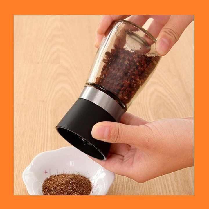 Cối xay tiêu mini 15cm nắp Inox - cối xay tiêu cầm tay - lọ thủy tinh nắp nhựa đựng gia vị