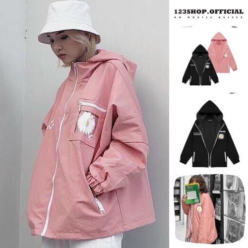 Áo khoác dù 123SHOP in hình hoa cúc SAVA dành cho nam cho nữ có mũ, jacket form rộng có 2 màu unisex ulzzang