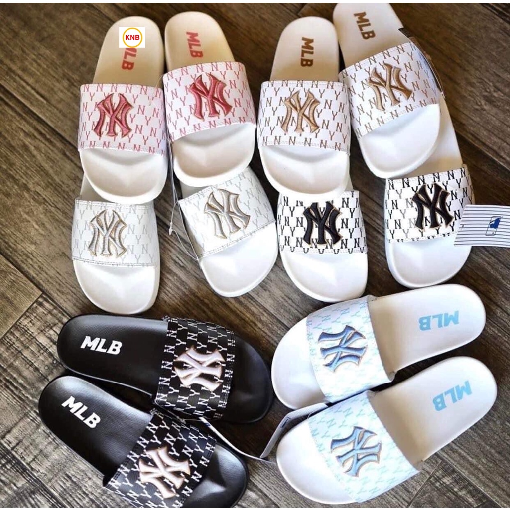 Dép 𝐌𝐋𝐁 UNISEX mẫu dép thể thao ❤️ Freeship + Hộp ❤️ Dép NY bóng chày quai ngang nam nữ chữ thêu nỗi kèm mác trắng xám