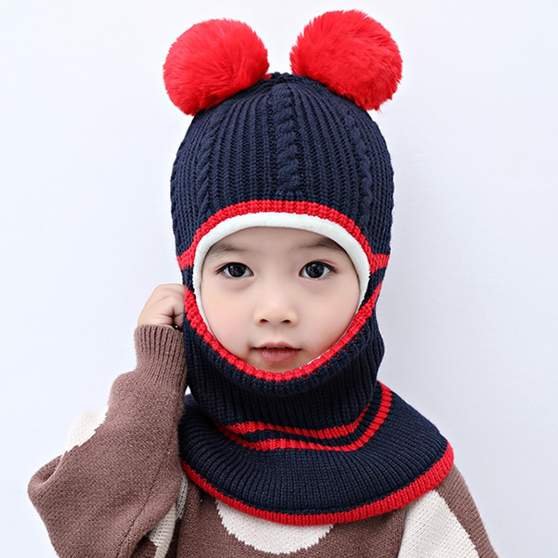 Mũ len cho bé trai gái mùa đông hai quả bông trùm đầu dễ thương giá rẻ đẹp kèm khăn hàng hiệu giữ ấm - ML1A