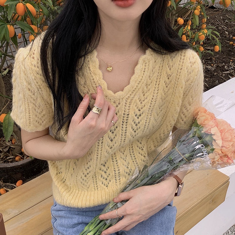 Áo Dệt Kim Tay Ngắn Cổ Chữ V Thời Trang Phong Cách Phương Tây Cho Nữ