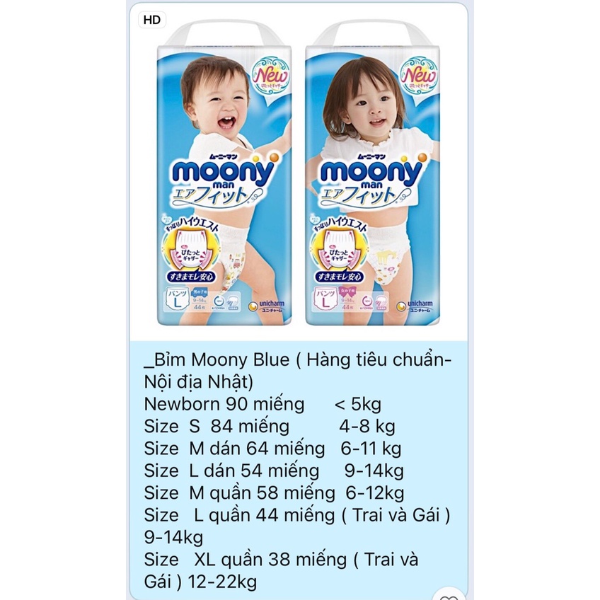 Bỉm Moony Xanh Nhật [FREESHIP] Moony Nội Địa Nhật Cộng Miếng Dán/Quần Đủ Size NB96/S90/M68/M64/L58/L50/XL44