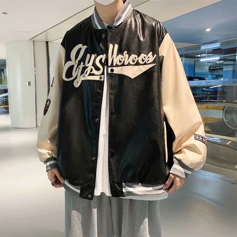 Áo Khoác Bóng Chày Da pu Tay Dài Dáng Rộng Thêu Chữ Phong Cách Hàn Quốc Thời Trang Cho Nam Và Nữ