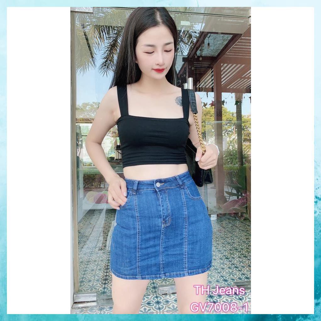 [TH Jeans] Quần jeans nữ, quần bò giả váy lưng cao túi chéo phối gân. Mã V4115