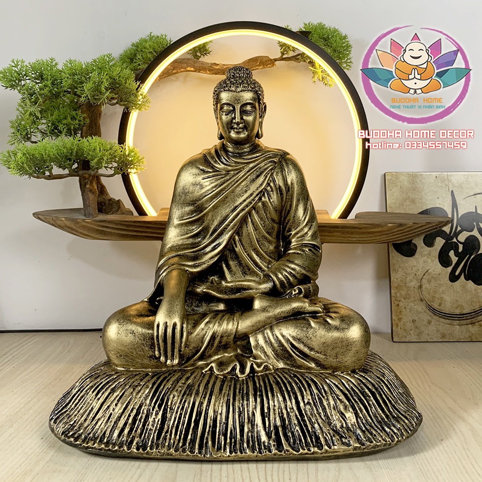 Tượng Bổn Sư Thích Ca cao 21 cm mạ đồng cổ trang trí nội thất nhà cửa