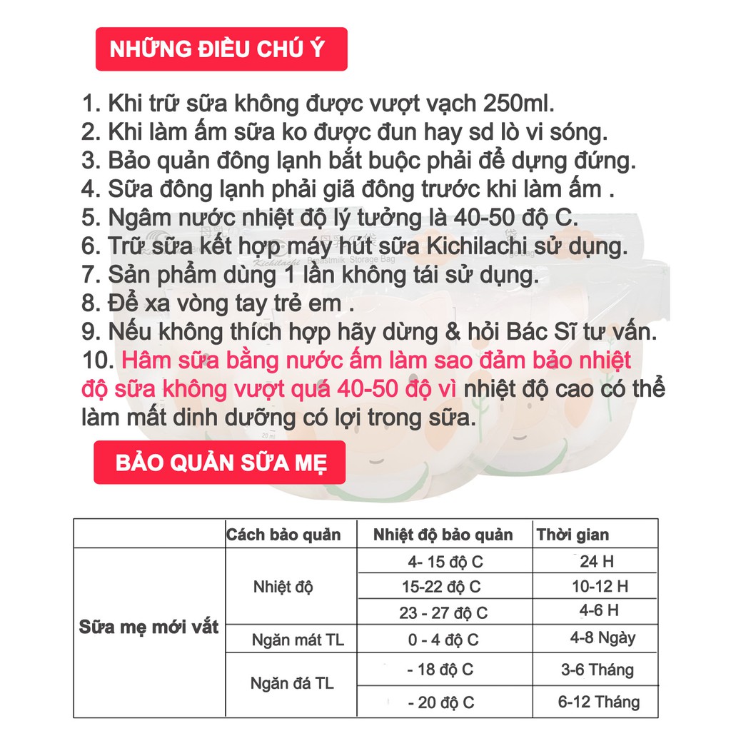 Hộp 50 túi trữ sữa, túi đựng sữa mẹ Kichilachi 250ml Hình voi con, BPA free, 2 khóa ziper chắc chắn