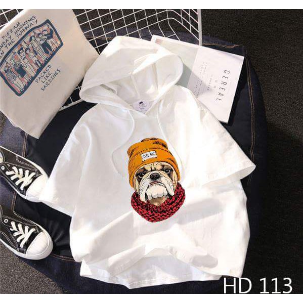 Áo thun HOODIE UNISEX TAY LỠ CÓ NÓN hình chó bull khăn choàng