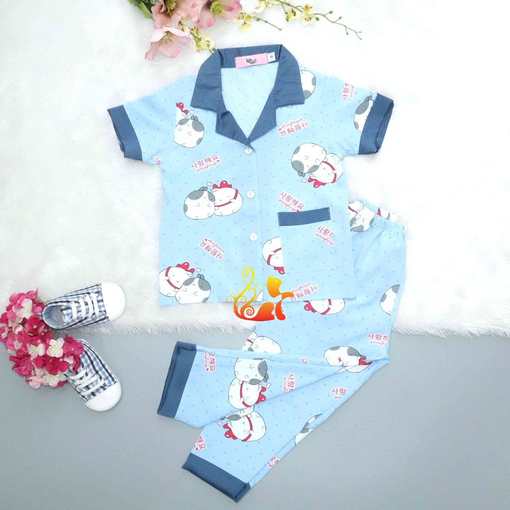 Đồ Pijama Satin Lụa Hàn &quot;Gấu đôi&quot; Phối Cổ Trơn Quần Dài Cho Bé - Từ 12kg - 42kg.