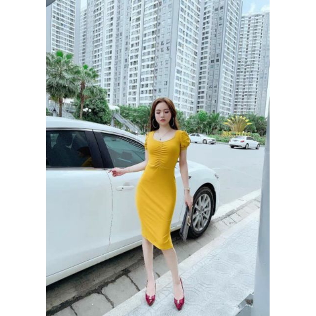 SALE LỚN - Váy xoắn eo body cổ v nhún GẤM LUXURY