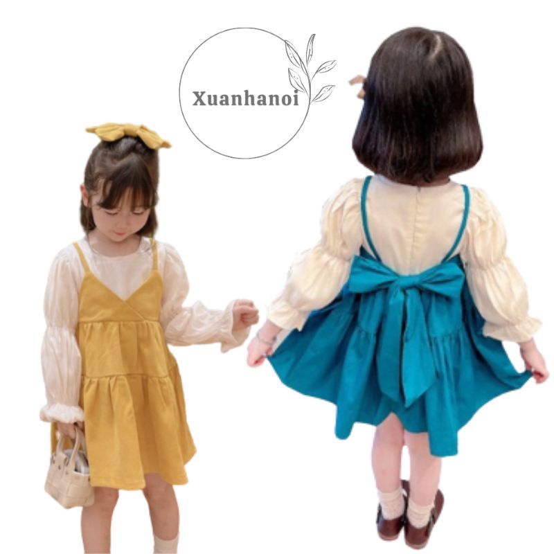 Váy bé gái dài tay dây yếm liền áo trắng nơ lưng 2 mầu Xanh Vàng 8-35kg XHN1057