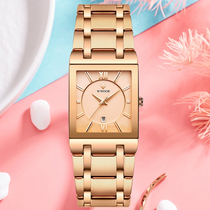 Wwoor Mới Đồng Hồ Nữ Mạ Vàng Hồng Thiết Kế Dáng Vuông Sang Trọng Montre Femme-8858