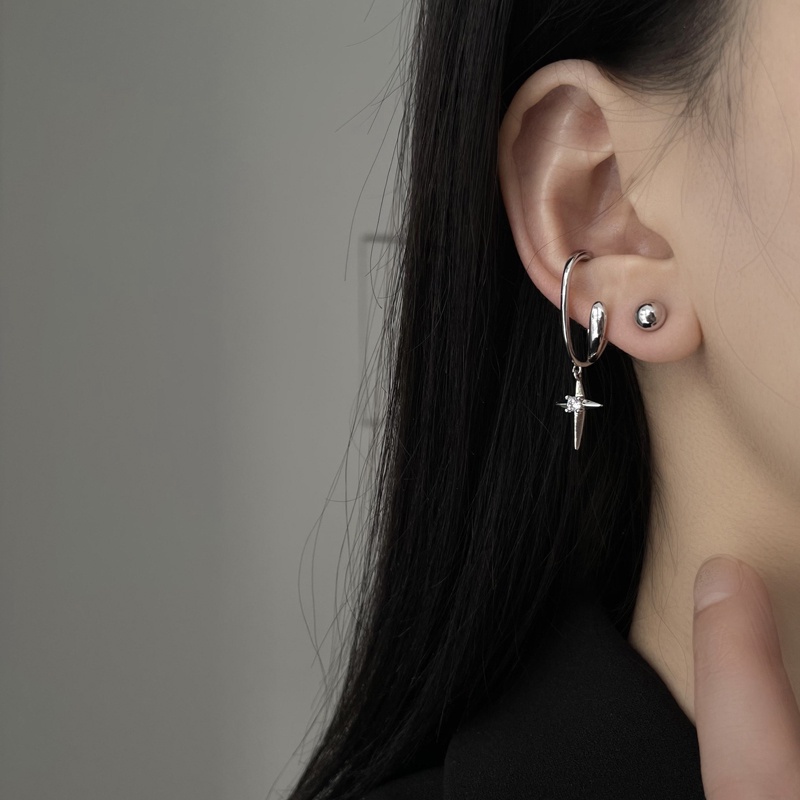 Khuyên kẹp vành tai 19A1246 kiểu chữ thập đơn không cần xỏ lỗ phong cách hiphop Hàn Quốc