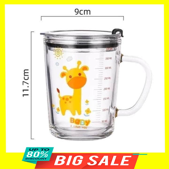 Cốc Pha Sữa 350ml Chịu Nhiệt Thủy Tinh Chia Vạch Có Nắp Và Ống Hút Tiện Lợi Cho Bé