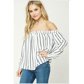 Áo voan F21 bẹt vai sọc đen trắng
