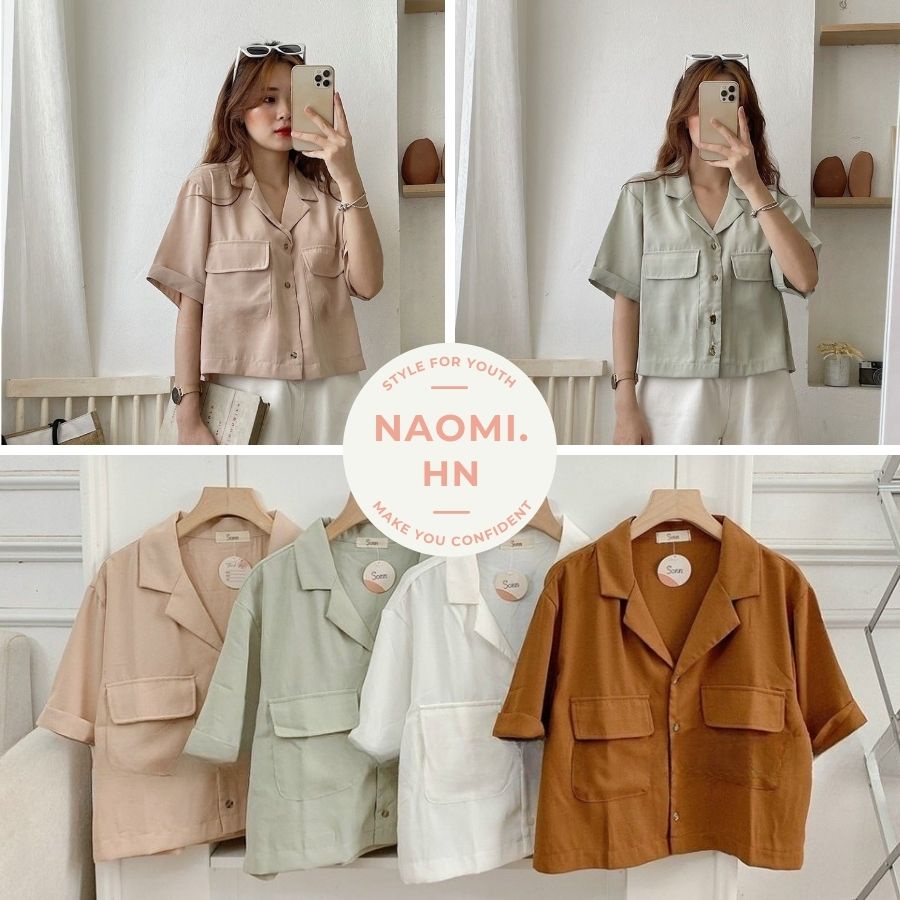 Áo sơ mi nữ cổ vest dáng ngắn croptop khoẻ khoắn trẻ trung chất đũi mát. Sơ  mi cổ V nhiều màu túi ngực dáng croptop.