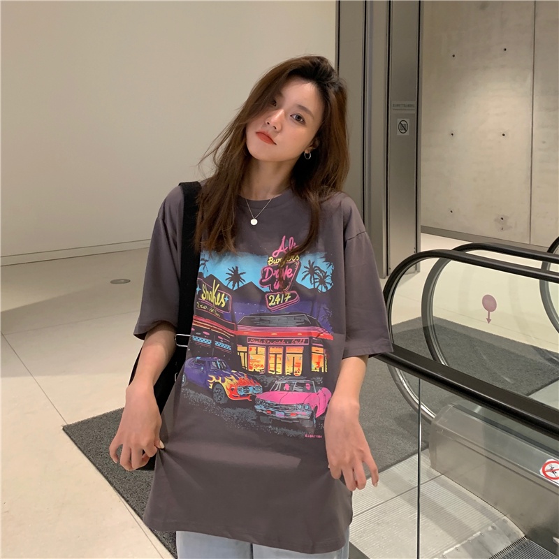 Áo thun cổ tròn tay ngắn in họa tiết retro thời trang với 2 màu tùy chọn cho nữ