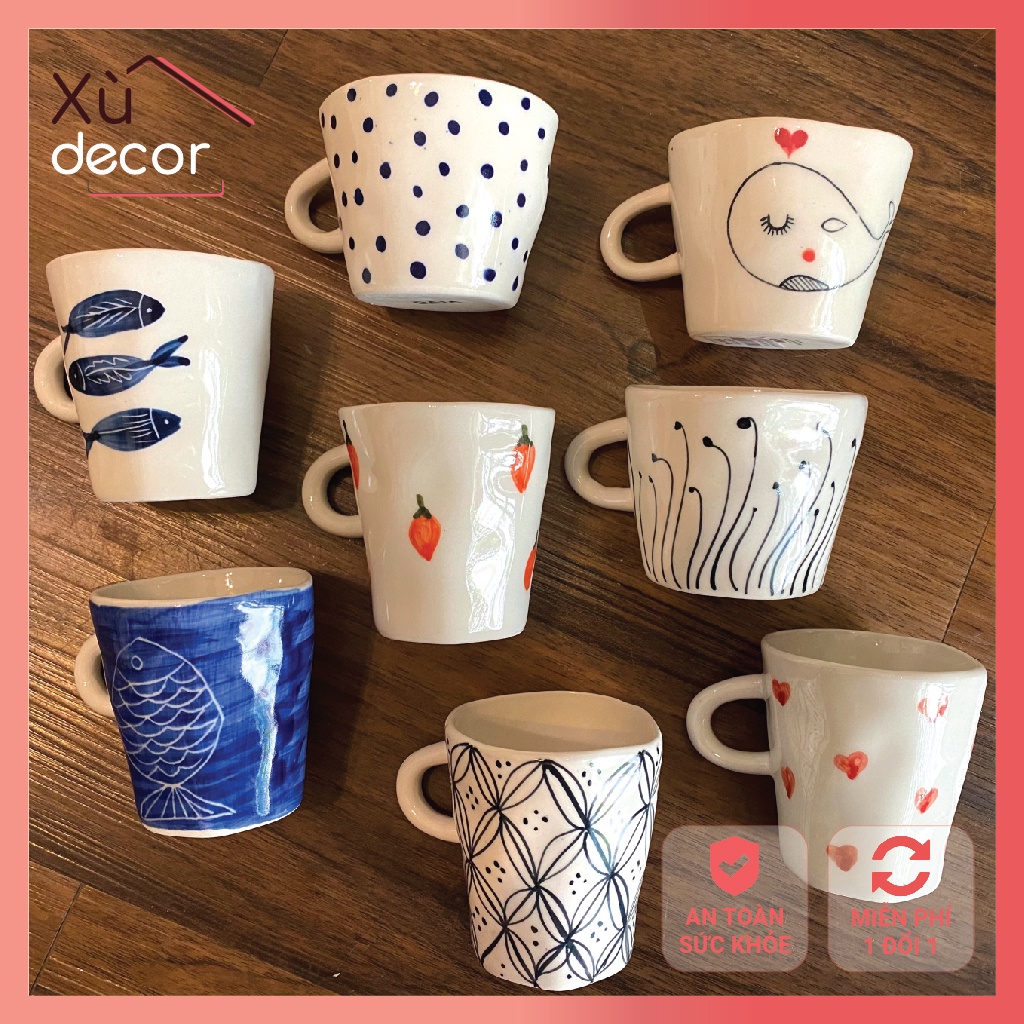 Cốc sứ, ly sứ uống trà, cà phê, gốm sứ thủ công bát tràng, họa tiết vẽ tay xinh xắn