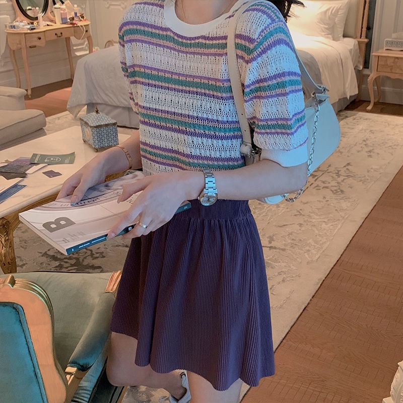 Áo Dệt Kim Tay Ngắn Cổ Tròn Màu Tím Thời Trang Mùa Hè Trẻ Trung