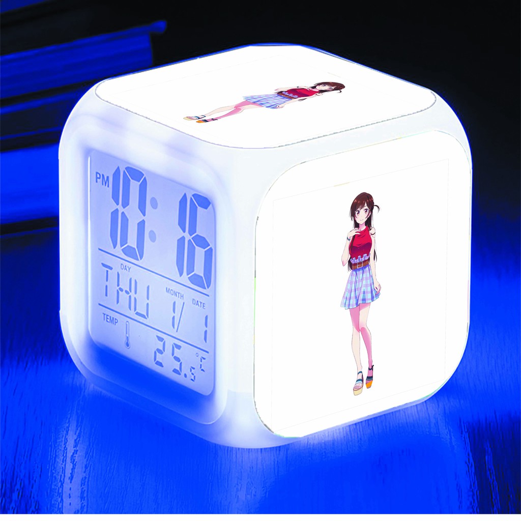 Đồng hồ báo thức để bàn in hình Dịch Vụ Thuê Bạn Gái Kanojo, Okarishimasu anime chibi LED đổi màu