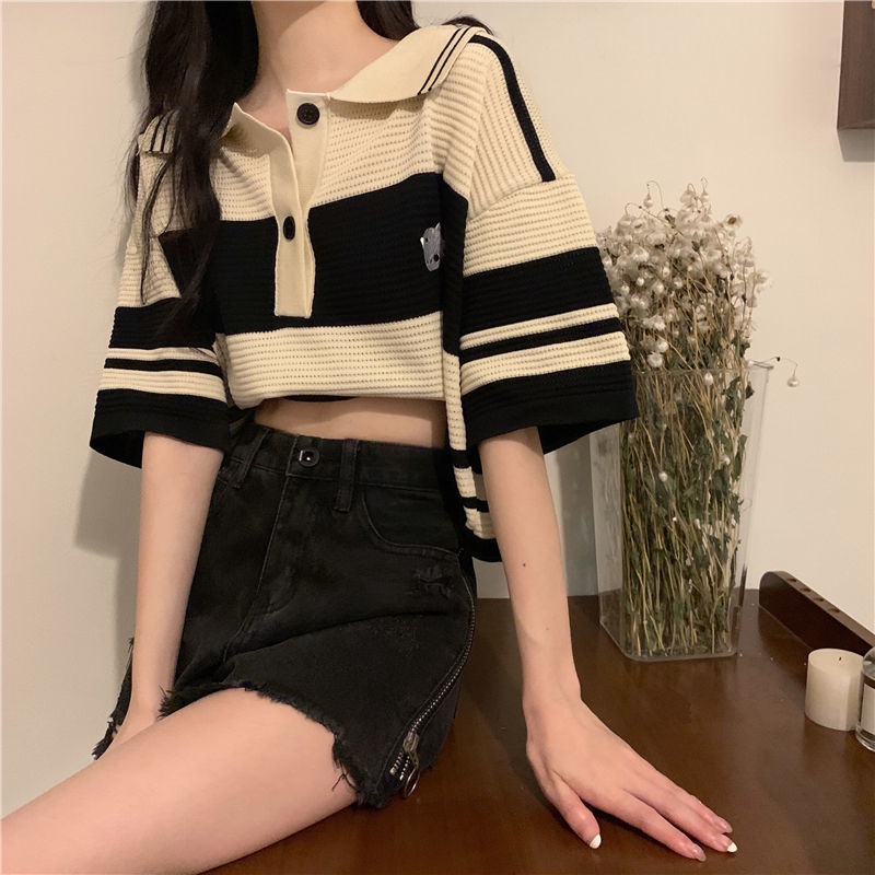 Áo polo Dệt Kim Tay Ngắn Dáng Rộng Họa Tiết Kẻ Sọc Thời Trang Mùa Hè 2022 Dành Cho Bạn Nữ