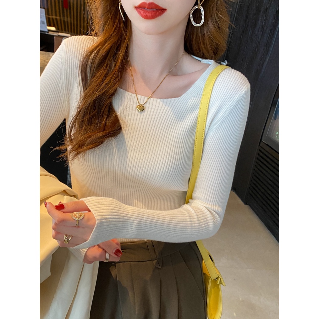 SUXI Áo thun vải dệt kim cổ vuông dáng ôm thời trang mùa thu dành cho nữ