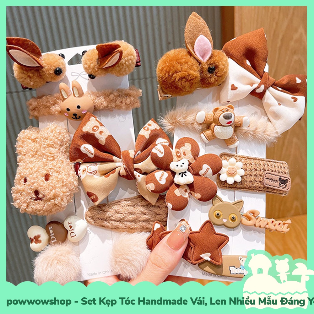 [Sẵn VN - Hỏa Tốc] Set Kẹp Tóc Handmade Vải, Len Nhiều Mẫu Đáng Yêu Hoạt Hình Warn White &amp; Brown