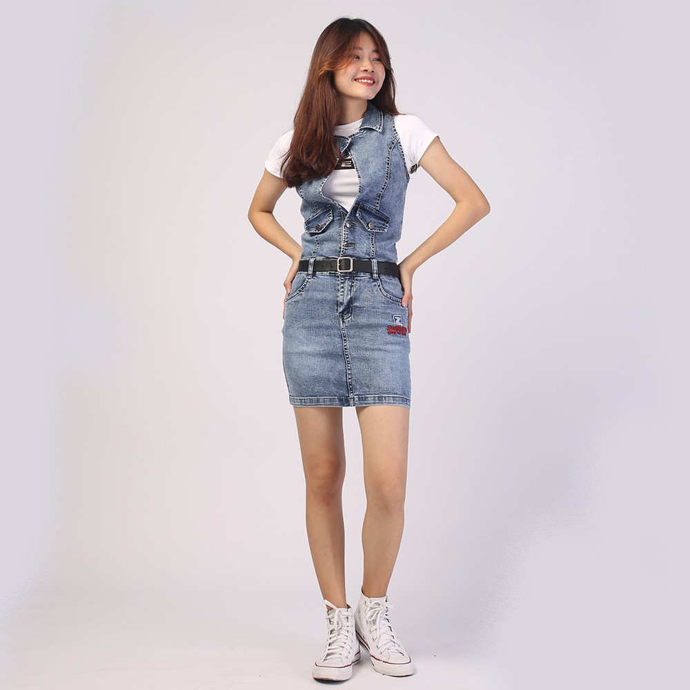 Chân váy liền áo jean HANOIJEAN co giãn - Chân váy ngắn màu xanh nhạt chân váy bò VAY004 | BigBuy360 - bigbuy360.vn