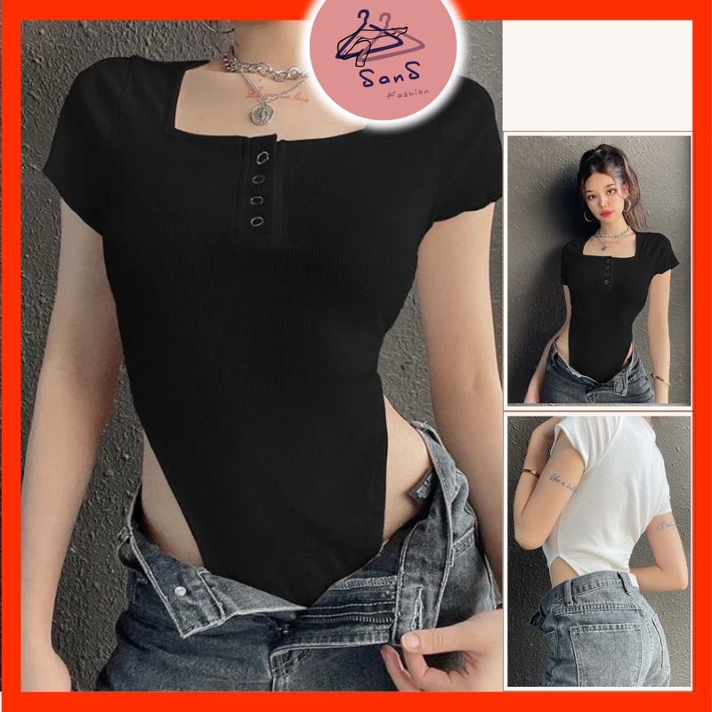 Bodysuit nữ khoét eo cao sexy, tay ngắn, cổ tròn, nút trước ngực, chất thun gân, áo liền thân ôm body | WebRaoVat - webraovat.net.vn