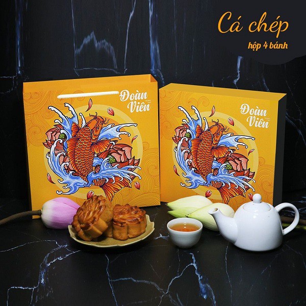 Mẫu hộp giấy đựng 4 bánh trung thu cá chép vàng