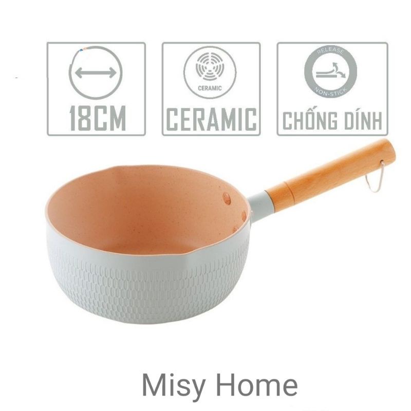 Chảo chống dính mini sâu lòng đáy từ có tay cầm cán gỗ chống nóng chiên xào nấu kiêm quánh nấu bột vân tổ ong Misy Home