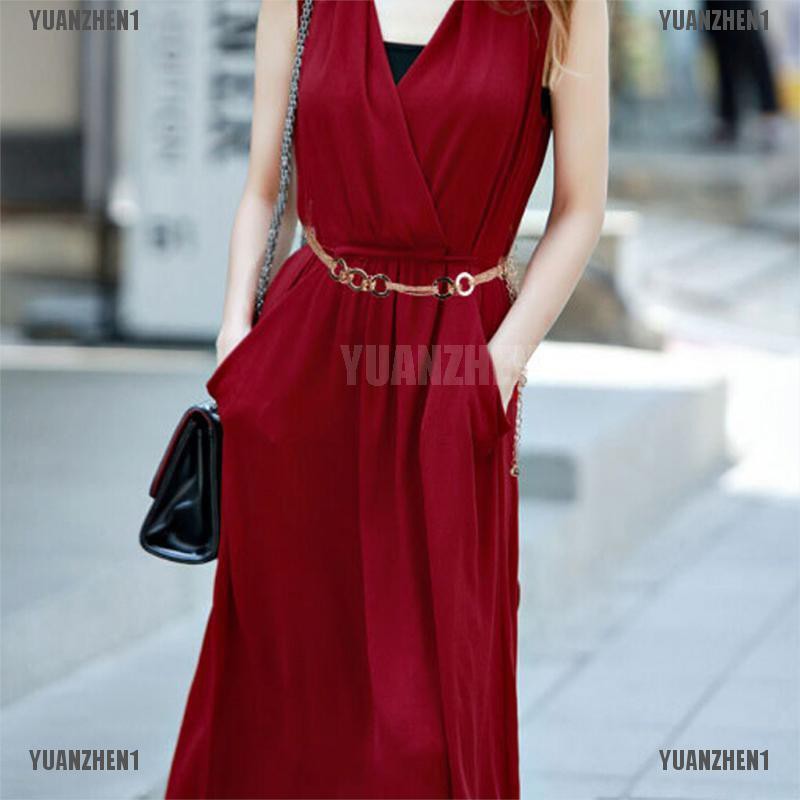 [YUANZHEN1] Thắt Lưng Dây Xích Bằng Kim Loại Đính Pha Lê Vàng Cho Nữ