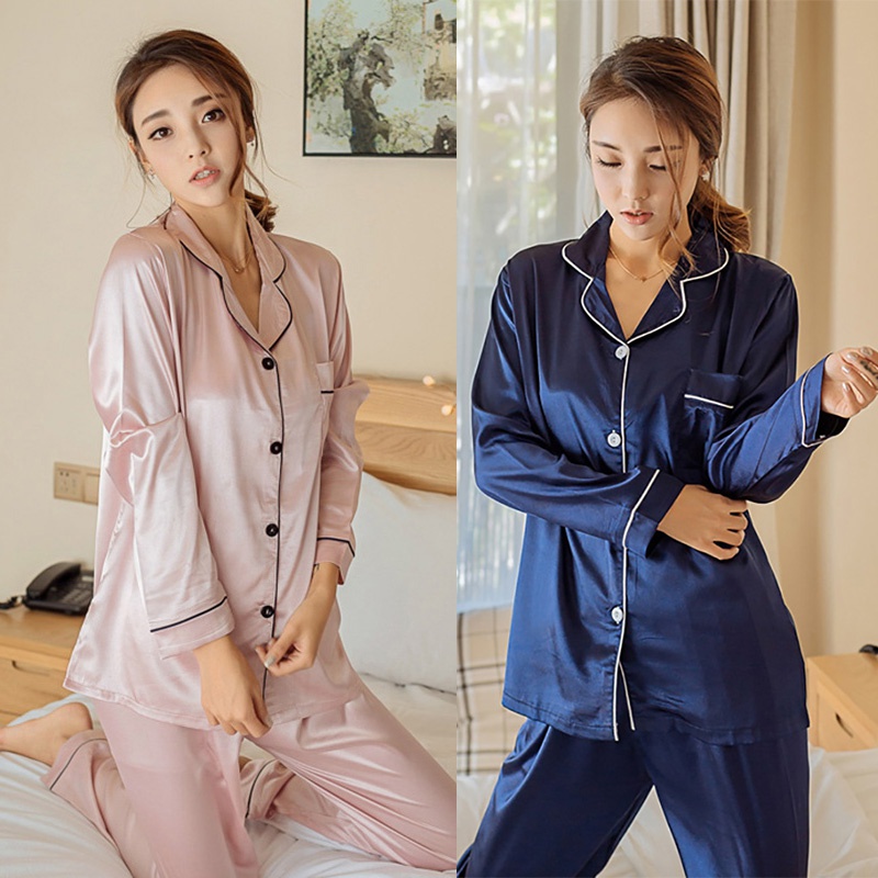Bộ đồ ngủ pijama tay dài vải lụa satin màu trơn cài nút dành cho nữ