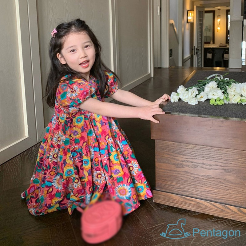 Đầm Công Chúa Dáng Rộng Tay Phồng Cổ Tròn Thoáng Khí Thân Thiện Với Da Thời Trang Cho Bé Gái