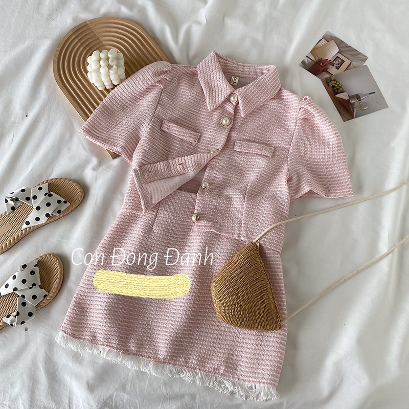 Set áo váy dạ tweed màu hồng cạp chun có ảnh thật AC010