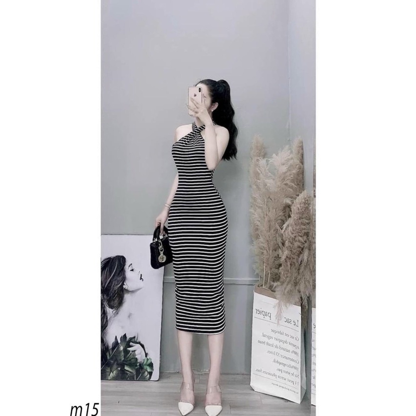Đầm body nữ kiểu sọc ngang yếm dây chéo cổ dáng dài midi hot