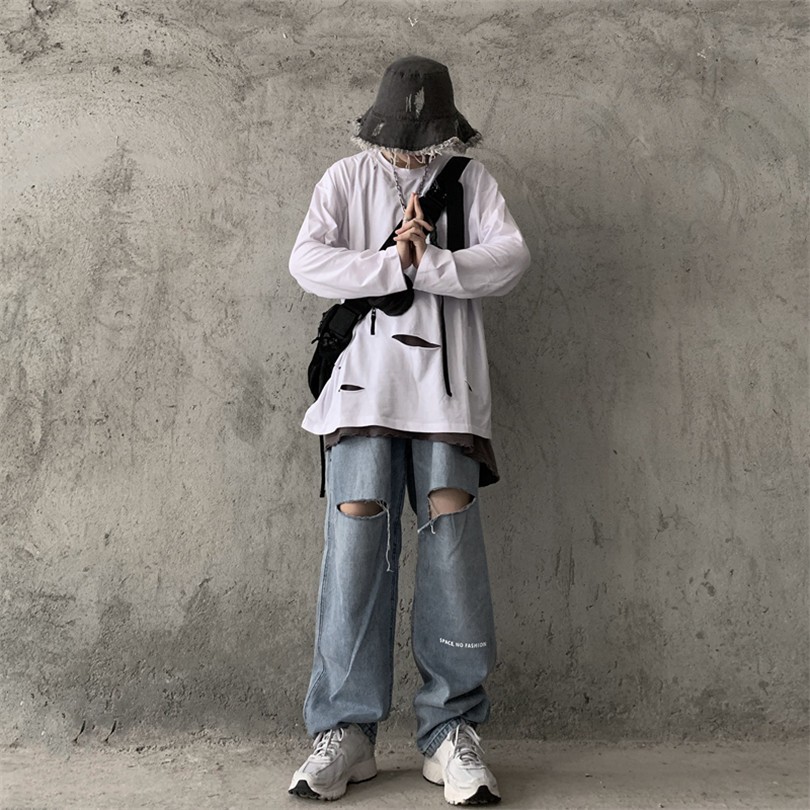 Quần Jean Ống Rộng Phối Rách Cá Tính Theo Phong Cách Retro Hàn Quốc Dễ Phối Đồ 1211