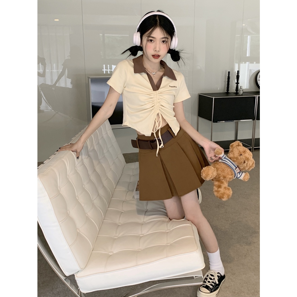 áo croptop kiểu ngắn tay cổ chữ v thiết kế dây rút thêu họa tiết phong cách mới mùa hè cho nữ