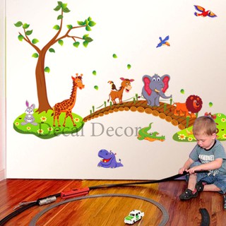 Decal Trang Trí Dán Tường Hình Con Thú Đi Qua Cầu - Decal Decor Phòng Ngủ Cho Các Bé, Trường Mẫm Non