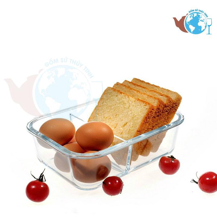 Hộp đựng cơm 2 ngăn chữ nhật - hộp thủy tinh 1 lít đựng thực phẩm BX1001 - Hộp chịu nhiệt cao dùng được lò viba