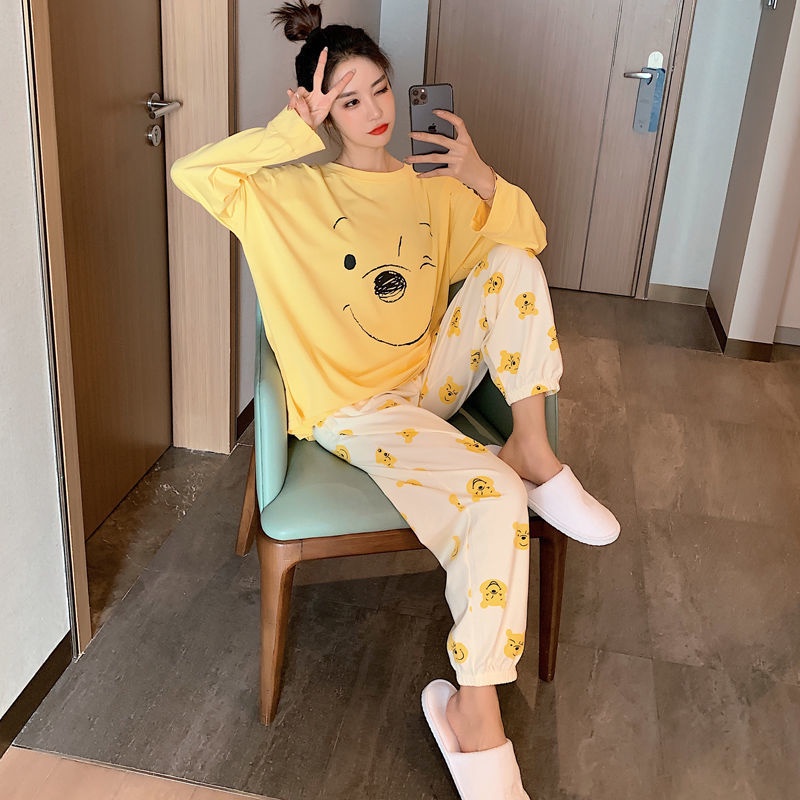 Bộ Đồ Ngủ Nữ Mặc Ở Nhà Quần Áo Dài Tay  Vải Co Giãn Mùa Xuân Thu Đông Dễ Thương Kute Ảnh Thật