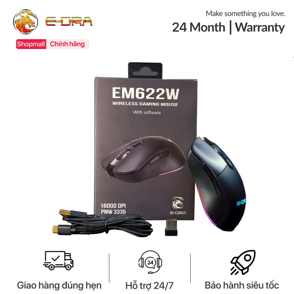 Chuột chơi game không dây E-Dra EM622W - Led RGB - Cảm biến  Avago 3335/ 12400 DPI - Kết nối Wireless/ USB Type-C
