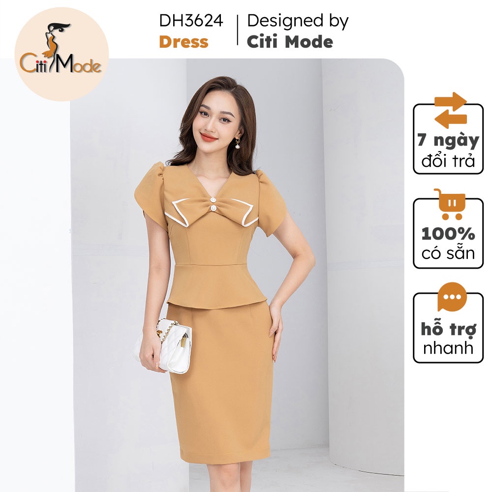 Đầm ôm peplum công sở vàng bò CITI MODE phối cố cách điệu DH3624