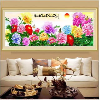 tranh thêu chữ thập hoa mẫu đơn hoa khai phú quý kt 195x83cm