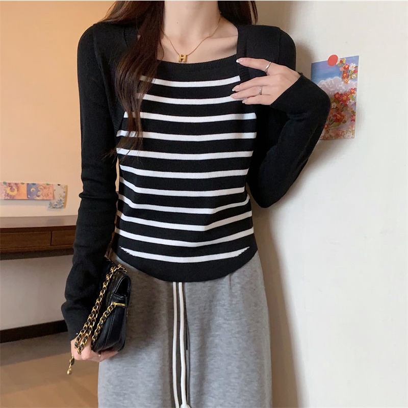 Áo Thun Dài Tay Giả Hai Lớp Họa Tiết Sọc Ngang Thời Trang Dành Cho Nữ