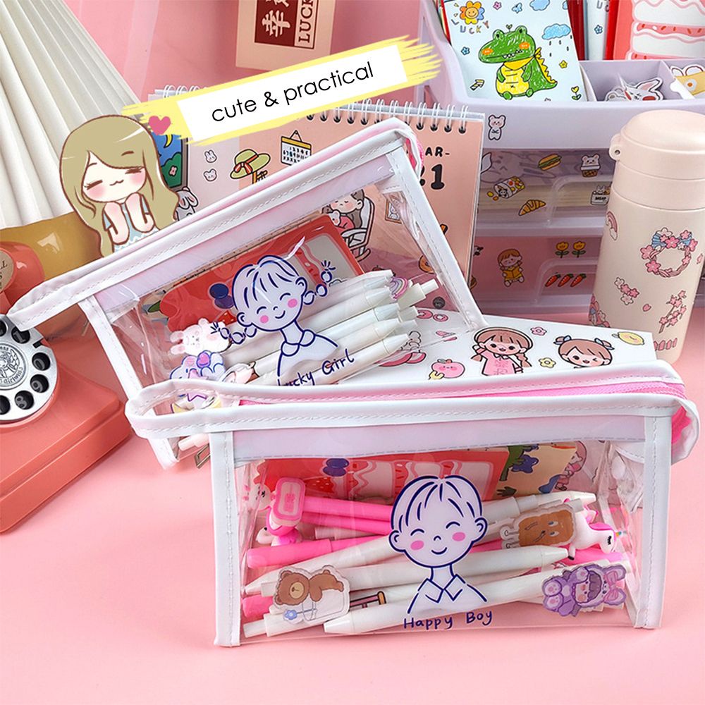 UUMIR Túi đựng bút/đồ trang điểm trong suốt in họa tiết hoạt hình dễ thương có khóa kéo tiện dụng thích hợp cho nữ