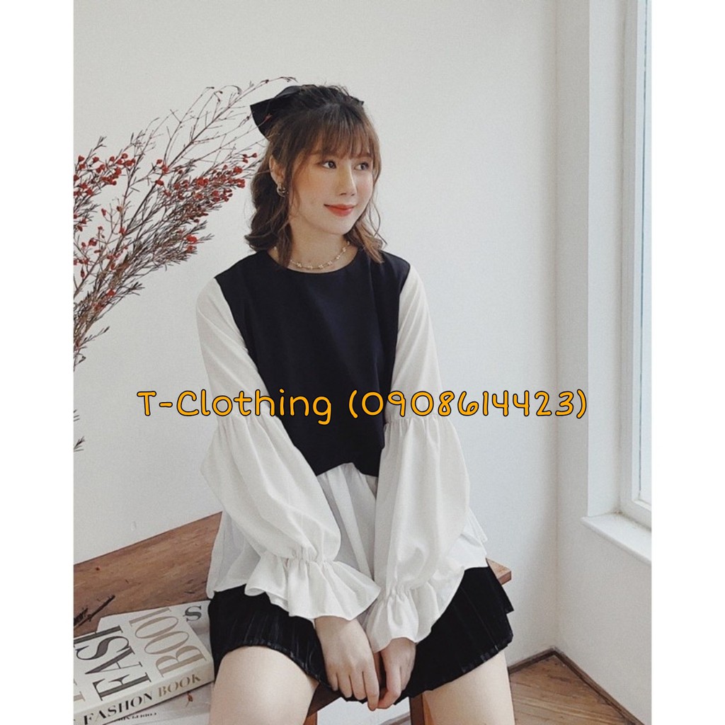 Áo kiểu babydoll phối màu đen trắng tay phồng